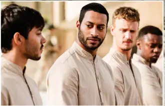  ??  ?? Ridiculous­ly good-looking: Sam Otto as Jalal, left, and Ryan McKen as Ziyaad, centre. Their characters are portrayed as sensitive and soft-spoken