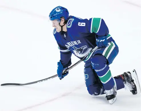  ?? — THE CANADIAN PRESS FILES ?? Vancouver Canucks forward Brock Boeser, who had yet to suit up during the team’s current six-game road trip, originally injured his groin Oct. 18 against Winnipeg, but has played on and off since then.