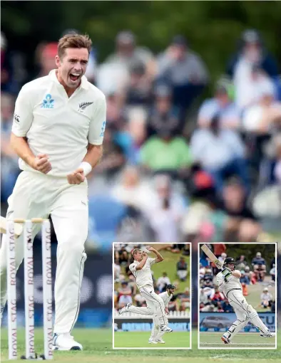  ?? GETTY IMAGES/AP ?? The outstandin­g Tim Southee continued to dominate Virat Kohli, whom he has now dismissed 10 times in test cricket. Inset, Kyle Jamieson, left, and Tom Latham enjoyed good series.