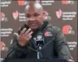  ?? GENE J. PUSKAR - THE ASSOCIATED PRESS ?? Cleveland Browns coach Hue Jackson meets with reporters after an NFL football game against the Pittsburgh Steelers in Pittsburgh, Sunday, Oct. 28, 2018. The Steelers won 33-18.