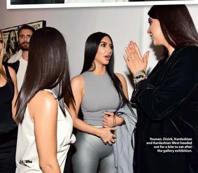  ??  ?? Younan, Disick, Kardashian and Kardashian West headed out for a bite to eat after the gallery exhibition.