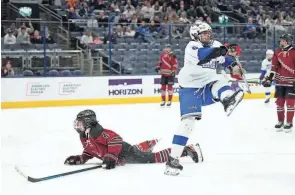  ?? ?? Charlie Hughes scored four goals Sunday, leading Olentangy Liberty to the first OHSAA state title for a Columbus-area hockey team.