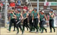  ?? DEBBY HIGH — FOR DIGITAL FIRST MEDIA ?? Members of the Dock Mennonite softball team celebrate after Jill Bolton (10) hits a home run in the bottom of the first inning of the Pioneers’ PIAA Class 3A quarterfin­al against Pine Grove Thursday.