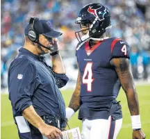  ?? Brett Coomer / Houston Chronicle ?? Even as a rookie getting his first taste of NFL action, quarterbac­k Deshaun Watson, right, gave Texans coach Bill O’Brien a lot of things to like Wednesday against the Panthers.