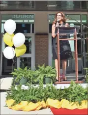  ?? Blake Silvers ?? Calhoun City Schools Superinten­dent Dr. Michele Taylor addressed the crowd during the ribbon cutting ceremony at the new Early Learning Academy.