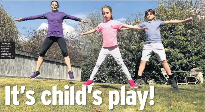  ??  ?? Jo Pavey exercising with her children Jacob, 10, and Emily, 6