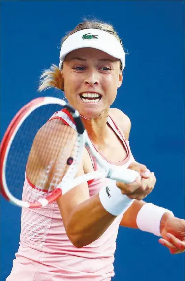  ?? Agence France-presse ?? Anett Kontaveit in action against Maria Sharapova during their first round match on Day 3 of the Rogers Cup in Toronto on Monday.