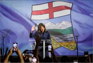  ?? CANADIAN PRESS PHOTO ?? Danielle Smith makes her victory speech in Calgary on Monday. In the aftermath of Alberta’s election, the oil and gas sector is facing a big unknown around the question of government support for decarboniz­ation.