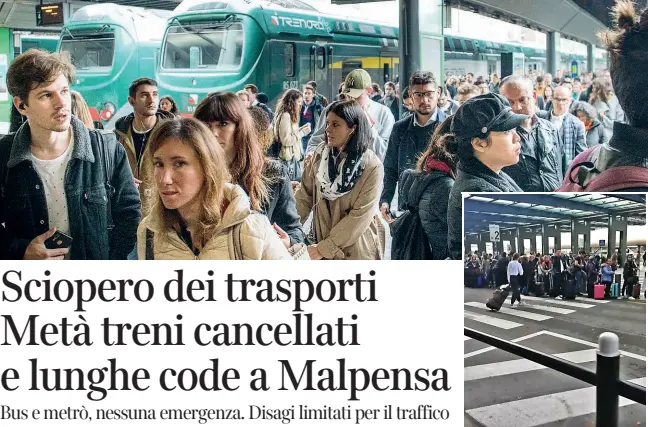  ??  ?? I passeggeri
La folla ieri mattina alla stazione di Cadorna. Nella foto piccola le code alla Malpensa