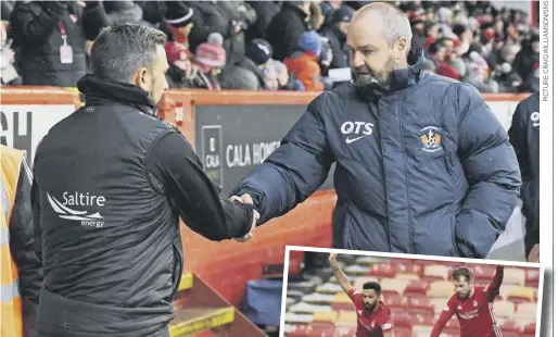  ??  ?? 0 A handshake between Steve Clarke and Derek Mcinnes at Pittodrie on Saturday, but the Kilmarnock manager is unhappy over comments by his Aberdeen counterpar­t about the penalty won by Jordan Jones during the match, inset.