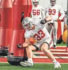  ?? COURTESY OF OHIO STATE ATHLETICS ?? Freshman defensive end Jack Sawyer practices on March 19. Line coach Larry Johnson hinted at a likely spot in the rotation for Sawyer next season.