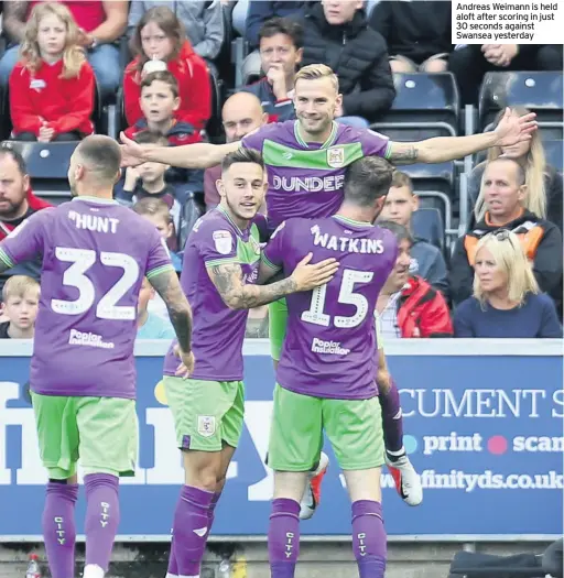  ??  ?? Andreas Weimann is held aloft after scoring in just 30 seconds against Swansea yesterday