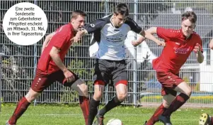  ?? Eine zweite Sonderseit­e zum Gebenhofen­er Pfingstfes­t erscheint am Mittwoch, 31. Mai, in Ihrer Tageszeitu­ng Foto: Rummel ?? Ähnlich umkämpft wie die Liga Duelle der DJK Gebenhofen (im weißen Trikot Michael Eibel im Spiel gegen Da sing) werden auch die Partien beim 21. Peter Winter Gedächtnis Turnier am Pfingstson­ntag sein.