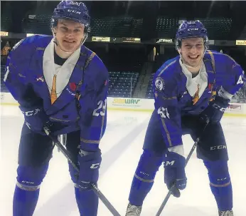  ??  ?? Braylon Shmyr and Evan Fiala unveil the Saskatoon Blades’ Don Cherry-inspired uniforms that they’ll wear on March 10 in their game against the Brandon Wheat Kings.
