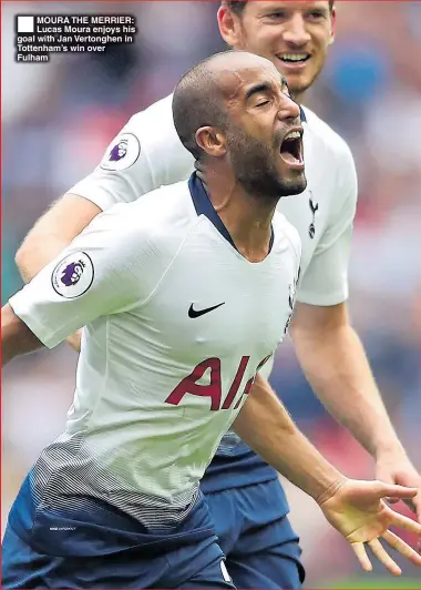  ??  ?? MOURA THE MERRIER: Lucas Moura enjoys his goal with Jan Vertonghen in Tottenham’s win over Fulham