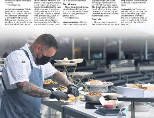  ?? PHOTO BY BRITTANY MURRAY — PRESS-TELEGRAM/SCNG ?? John Brenning plates food at the SoFi Stadium tasting event June 2. Chefs Jon Shook and Vinny Dotolo designed a new menu at the stadium inspired by delis, pizza and burger joints and the city’s Mexican and Asian cuisine. The concession stands will be located throughout the venue as fans take in Rams and Chargers football games or a concert.