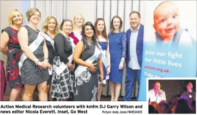  ?? Picture: Andy Jones FM4534435 ?? Action Medical Research volunteers with kmfm DJ Garry Wilson and news editor Nicola Everett. Inset, Go West