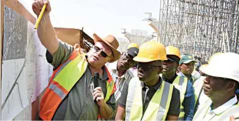  ??  ?? Project Manager, Hitech Limited, From Eloff (left); Lagos State Governor, Babajide Sanwo-olu; and Deputy Governor, Dr. Obafemi Hamzat, during the inspection of the Agege Pen Cinema bridge in Lagos…yesterday. PHOTO: NAN