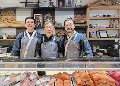  ?? COURTESY OF SAKAI ?? Sakai (right to left): Owner John Kim, Young Oh Kim (John’s father and restaurant founder), and Myung Guk Jo (Maki Chef).