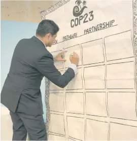  ?? Photo: Office of the Attorney-General ?? Attorney-General Aiyaz Sayed-Khaiyum signing the Oceans Pathway commitment in Bonn, Germany.