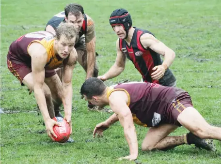  ??  ?? Keeping his feet in the wet and slippery conditions Drouin’s Tom Barr takes clean possession of the ball at ground level as the Hawks battled to make breakthoug­hs against a strong Maffra side at Drouin on Saturday.