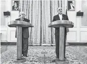  ?? AP ?? Iranian Foreign Minister Ali Akbar Salehi, right, speaks in alongside Syrian counterpar­t Walid al-Moallem.