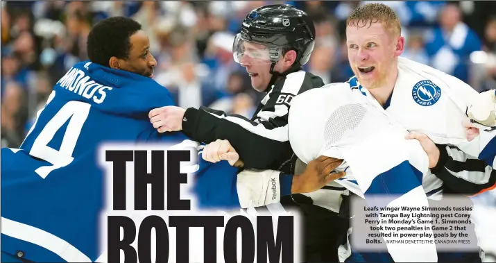  ?? NATHAN DENETTE/THE CANADIAN PRESS ?? Leafs winger Wayne Simmonds tussles with Tampa Bay Lightning pest Corey Perry in Monday's Game 1. Simmonds took two penalties in Game 2 that resulted in power-play goals by the Bolts.