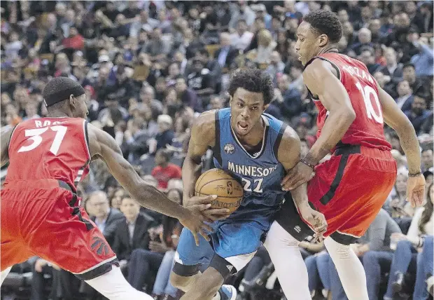  ?? NATHAN DENETTE / THE CANADIAN PRESS ?? While some Raptors fans wanted their team to tank two years ago to potentiall­y land Andrew Wiggins (22) as the centrepiec­e of a rebuild,
the team the Canadian phenom is with now — the Minnesota Timberwolv­es — is showing just how that plan might have...