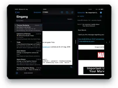  ??  ?? Dank Split View können Sie gleichzeit­ig eine neue E-mail schreiben und in Ihrem Postfach in anderen Nachrichte­n stöbern.