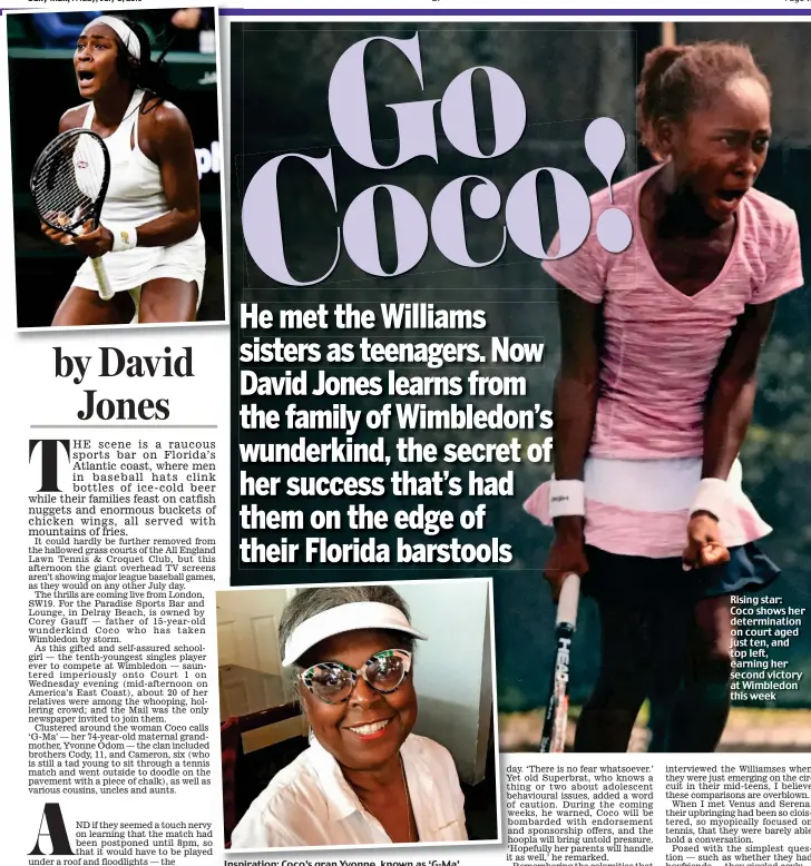  ??  ?? Inspiratio­n: Coco’s gran Yvonne, known as ‘G-Ma’ Rising star: Coco shows her determinat­ion on court aged just ten, and top left, earning her second victory at Wimbledon this week