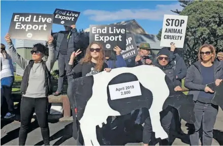  ?? Photo: RNZ ?? Protesters make their views known during loading of live cattle at the port of Napier.