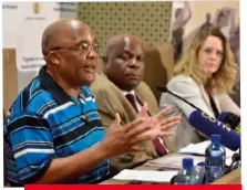  ??  ?? Health minister Aaron Motsoaledi (left), the World Health Organisati­on’s country representa­tive Mooketsa Ramasodi and National Institute for Communicab­le Diseases’ Dr Juno Thomas at a news conference on the listeriosi­s outbreak.