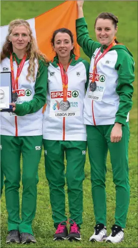  ??  ?? k, Mary Mulhare, Fionnuala Ross and Ciara Mageean after winning a team silver onships 2019 at Bela Vista Park in Lisbon, Portugal.