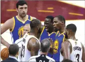  ??  ?? Cleveland Cavaliers forward LeBron James argues with the Golden State Warriors’ Draymond Green and Kevin Durant during Game 4 of the NBA Finals on Friday night.