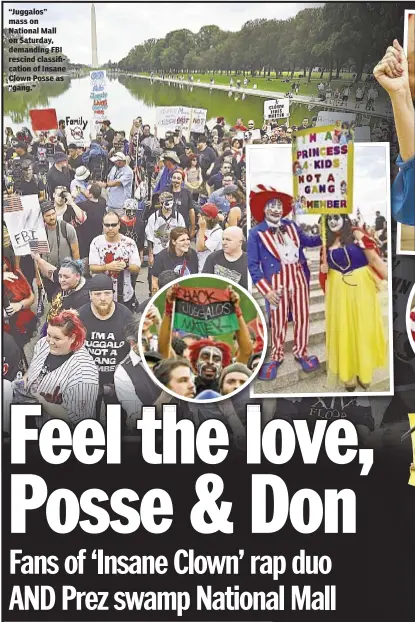 ??  ?? “Juggalos” mass on National Mall on Saturday, demanding FBI rescind classifica­tion of Insane Clown Posse as “gang.”