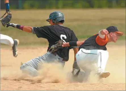  ?? RECORD FILE PHOTO ?? The South Troy Dodgers' Kevin Smith is tagged out at second base by Bethlehem Eagles shortstop Mike Anziano during fifth inning of Upper NYS Mickey Mantle baseball action Friday, July 13, 2012 at Boght Area Baseball Complex in Colonie.