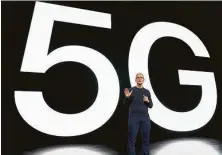  ?? Brooks Kraft / Apple ?? Apple CEO Tim Cook talks about the value of 5G for customers during a special event at Apple Park in Cupertino, Calif.