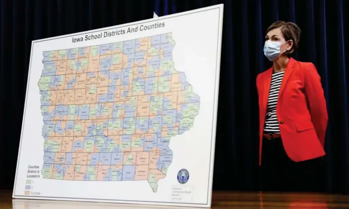  ?? Photograph: Charlie Neibergall/AP ?? The Iowa governor, Kim Reynolds, during a news conference on the state’s guidance for returning to school in response to the coronaviru­s outbreak in Des Moines, Iowa.