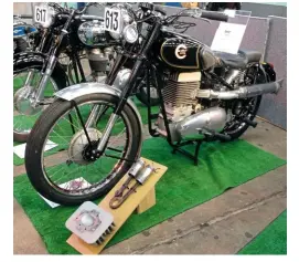  ??  ?? Left: Austrian Joe Ehrlich made production and racing bikes over many years, often based on DKW split single technology. This 350cc represents the Ehrlich Motorcycle Co’s post-war offering. The tall look is enhanced by the Dowty air sprung forks, and a...