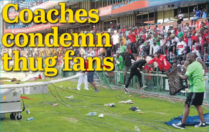  ?? Picture: Gallo Images ?? CARNAGE. Orlando Pirates supporters go on the rampage during the Absa Premiershi­p match between Mamelodi Sundowns and Pirates at Loftus Versfeld Stadium on Saturday. Sundowns won the match 6-0.