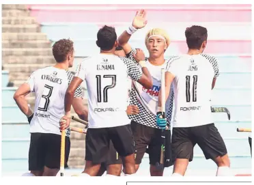  ??  ?? Top gun: Terengganu’s Jang Jong-hyun (centre) celebratin­g with teammates after scoring against UniKL at the Tun Razak Hockey Stadium yesterday.