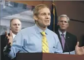  ?? J. Scott Applewhite Associated Press ?? REP. JIM JORDAN, with Steve Scalise, left, a rival for the post that Kevin McCarthy, right, lost Tuesday.