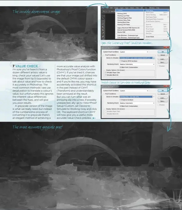  ??  ?? The crudely desaturate­d image
The more accurate greyscale proof
Open the Customize Proof Condition window...
Switch Device to Simulate to Working Gray