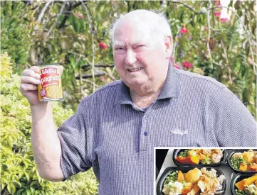  ?? PHOTO: RICHARD
DAVISON PHOTO: CRESCENT BAR & GRILL/
SUPPLIED ?? Iron rations . . . Kaitangata pensioner Jack Oliver contemplat­es going back to basics after MBIE halted a local meal delivery service due to lockdown restrictio­ns.
Below: Crescent Bar & Grill Kaitangata's readytoeat meals await delivery last week.