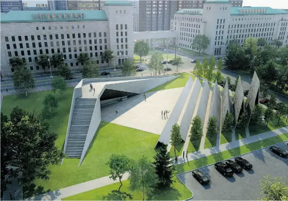  ?? ABSTRAKT Studio Architect ure ?? The planned Memorial to the Victims of Communism is seen in a conceptual drawing looking south from the Supreme Court of Canada.
