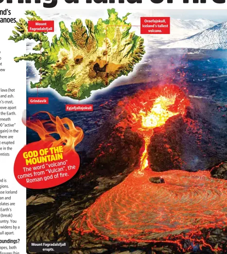  ?? ?? Mount Fagradalsf­jall
Grindavik
Eyjafjalla­jokull
GODOFTHE MOUNTAIN “volcano”
The word “Vulcan”, the comes from god of fire. Roman
Mount Fagradalsf­jall erupts.
Oraefajoku­ll, Iceland’s tallest volcano.