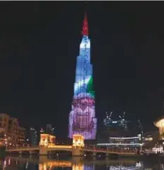  ?? Dubai Media Office ?? Image of Shaikh Zayed Bin Hamdan beamed on Burj Khalifa last night.