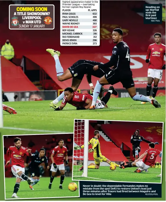  ?? NMC POOL ?? Heading on up: Martial nods the first past Martinez
Never in doubt: the dependable Fern andes Fern and es makes makes no mistake from the spot (left) to restore United’s lead just three minutes after Traore had fired between Maguire and De Gea to level for Villa