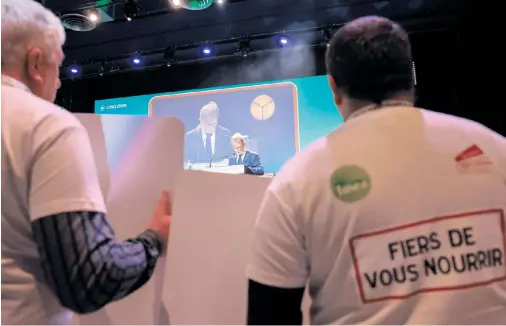  ?? DENIS CHARLET/AFP ?? Marc Fesneau, ministre de l’agricultur­e, à la tribune lors du 78e congrès de la FNSEA, le 28 mars.