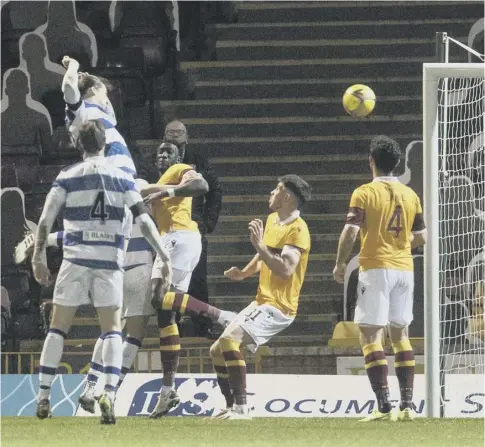  ??  ?? 0 Morton’s Markus Fjortoft heads in from a corner to send the game to a penalty shootout